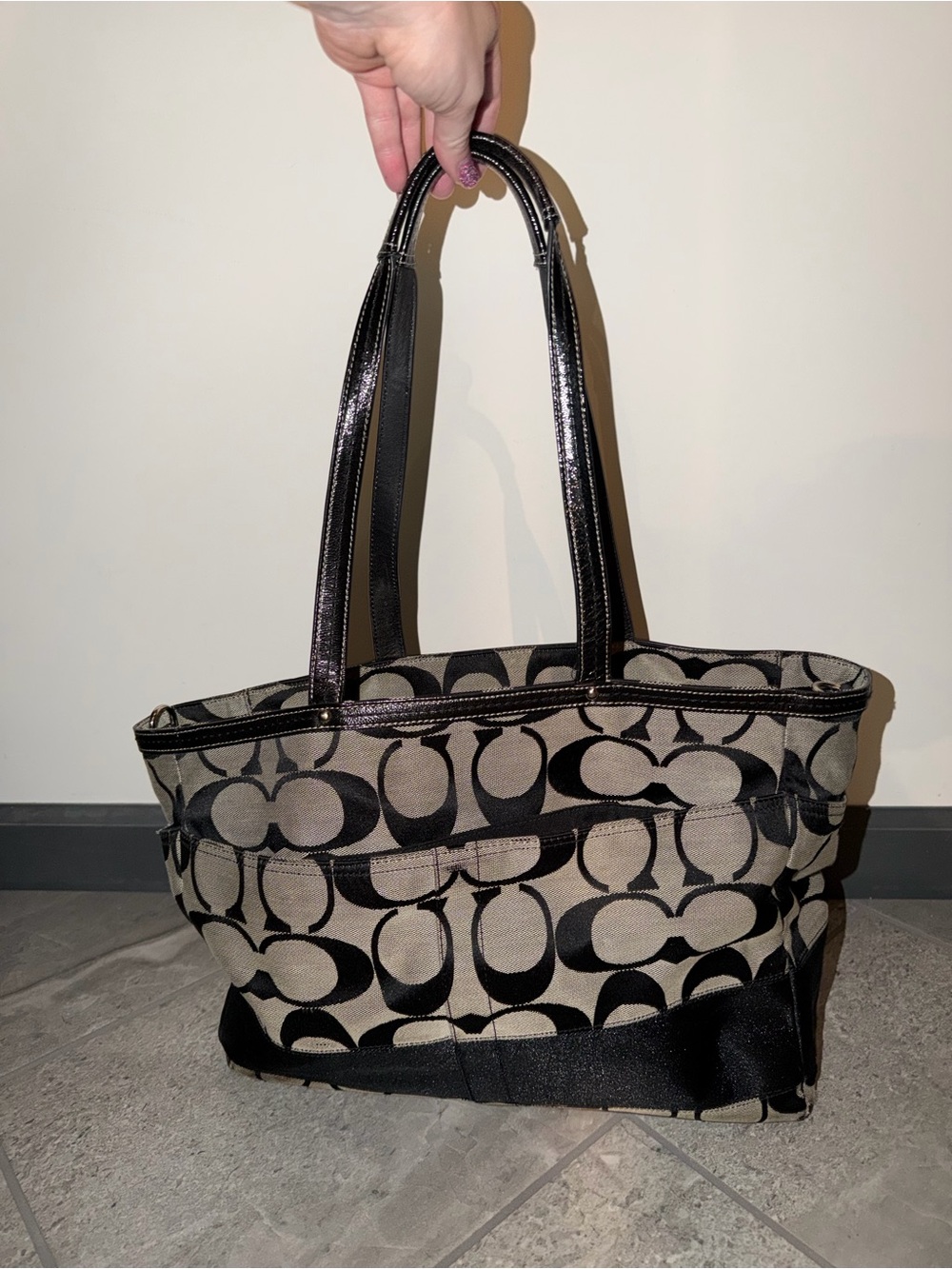 Coach Vintage Canvas Tote Bag in Black and Beige - Designer Logo Pattern